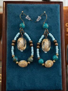 Teal & Antique Gold Filigree Hoop Earrings